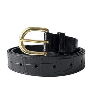 Women’s Navy Leather Belt with Gold Buckle